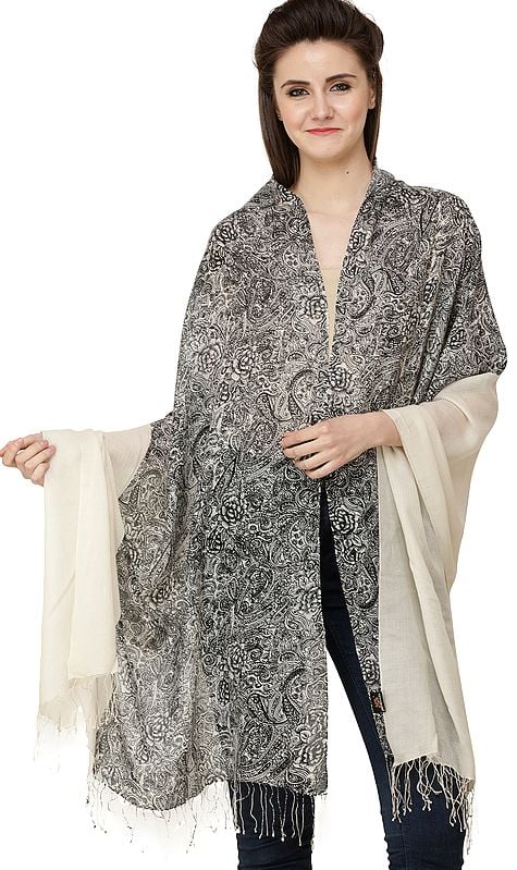 Banana-Cream Shawl from Nepal with Floral Print