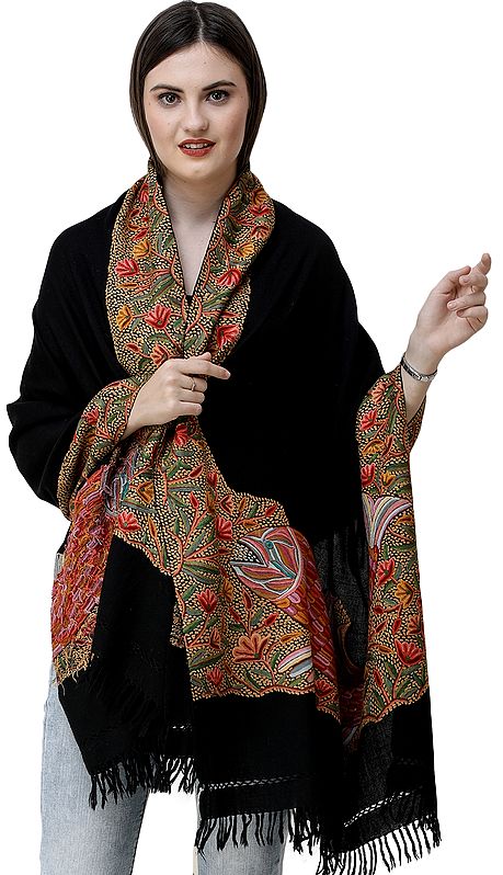 Kashmiri Stole with Aari Hand-Embroidered Flowers and Fishes