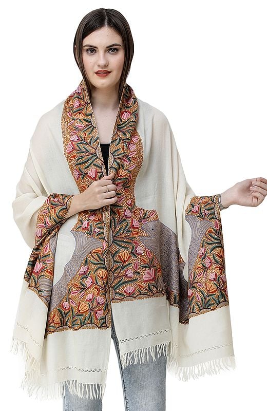 Kashmiri Stole with Aari Hand-Embroidered Flowers and Fishes