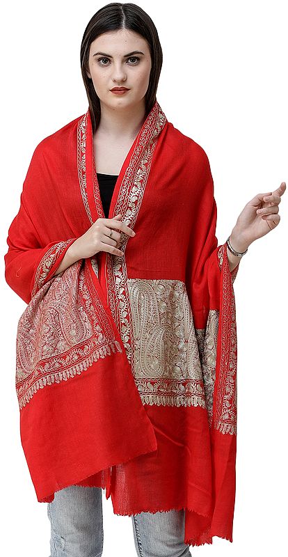 Rococco-Red Stole from Amritsar with Aari-Embroidered Paisleys on Border