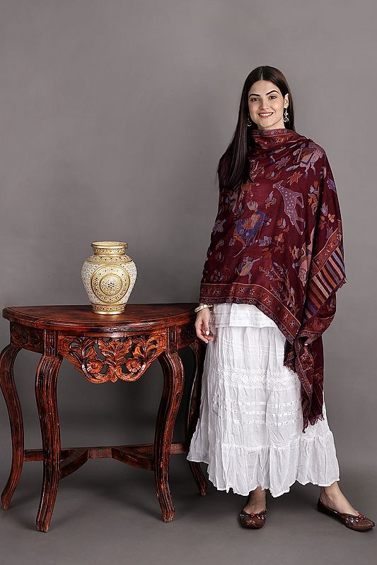 Kani Jamawar Stole from Amritsar with Woven Flowers in Multicolor Thread