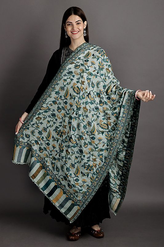 Kani Jamawar Stole from Amritsar with Woven Flowers in Multicolor Thread