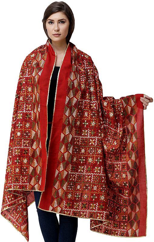 Lipstick-Red Phulkari Dupatta from Amritsar with Aari-Embroidery and Studded Sequins All-Over