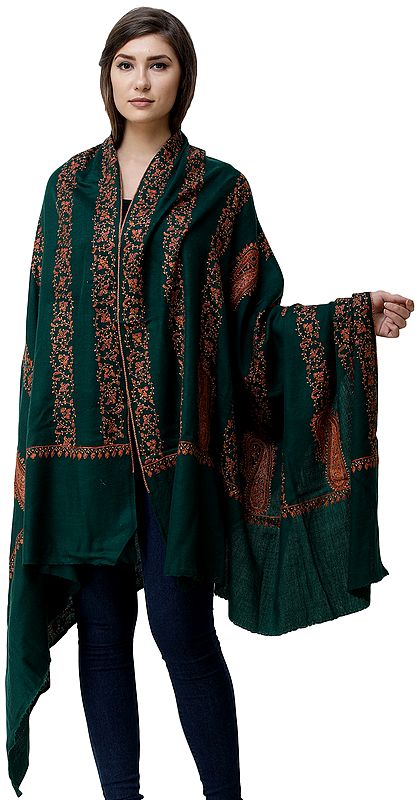 Trekking-Green Shawl from Kashmir with Sozni Hand-Embroidered Floral Vines and Paisleys