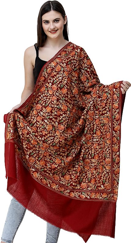Oxblood-Red Shawl from Amritsar with Floral Embroidery All-Over