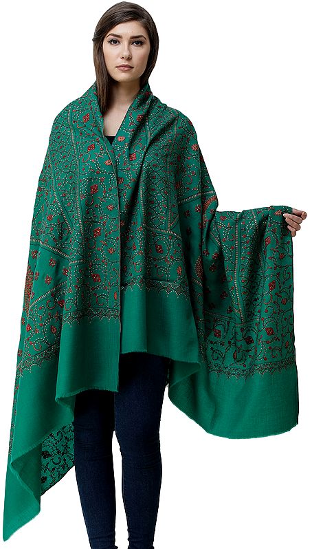 Pepper-Green Tusha Shawl from Kashmir with Sozni-Embroidered Floral Vines and Paisleys