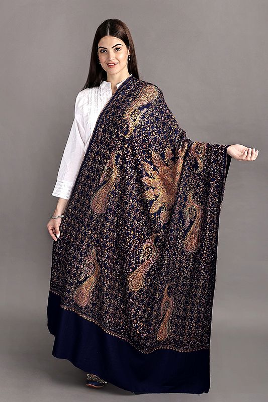 Kashmiri Tusha Shawl with Sozni Hand-Embroidered Giant Mandala and Paisleys