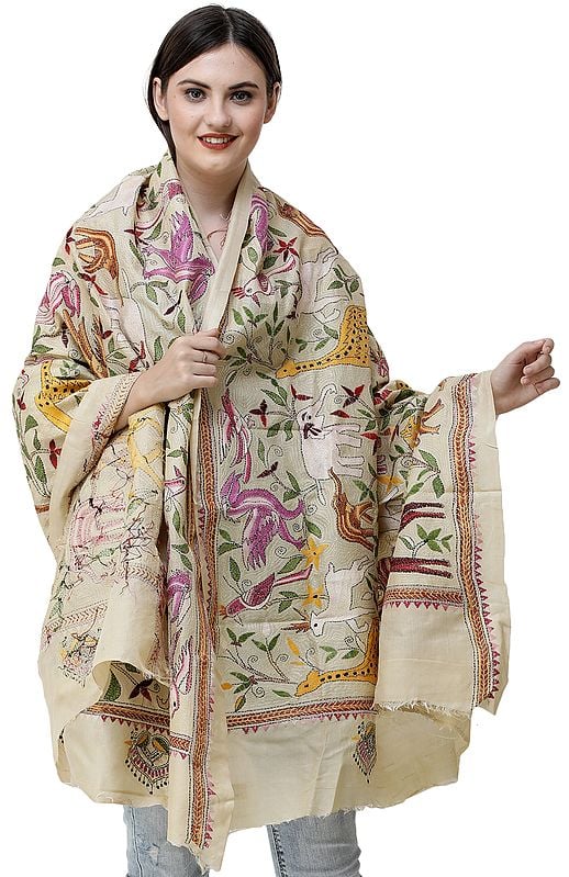 Banana-Cream Dupatta from Bengal with Kantha Embroidered Wild Life