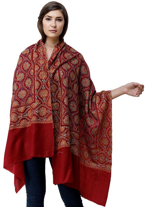 Kashmiri Stole with Sozni Hand-Embroidered Flowers and Motifs in Multicolor Thread