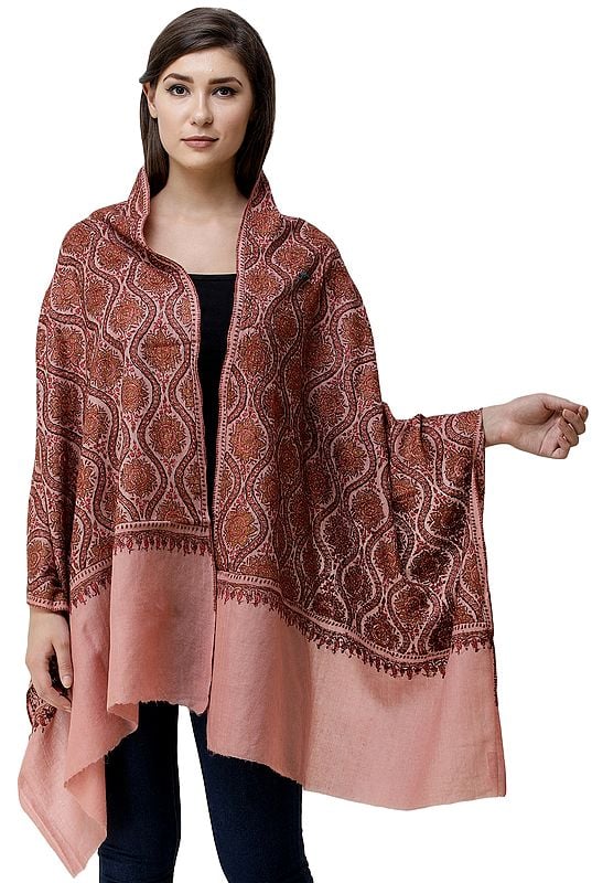 Kashmiri Stole with Sozni Hand-Embroidered Flowers and Motifs in Multicolor Thread