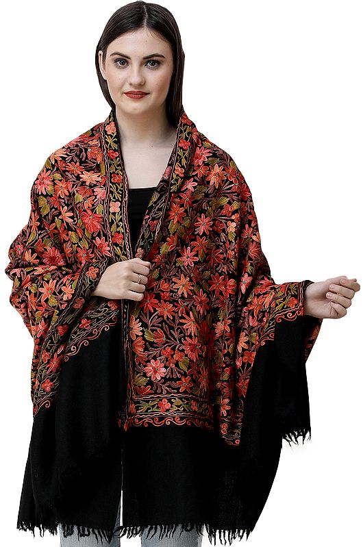 Pirate-Black Shawl from Kashmir with Aari Embroidered Flowers All-Over