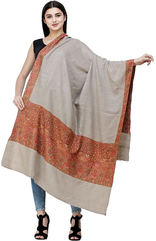 Oxford-Tan Pure Pashmina Shawl from Kashmir with Diamond Weave and Sozni Hand-Embroidered Paisleys