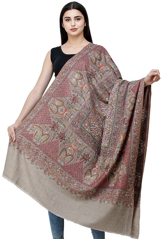 Simply-Taupe Pure Pashmina Shawl from Kashmir with Sozni Hand-Embroidery in Multicolor Thread