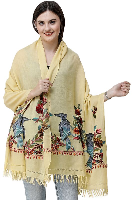 Sunshine Stole from Kashmir with Aari Hand-Embroidered Birds in Multicolor Thread
