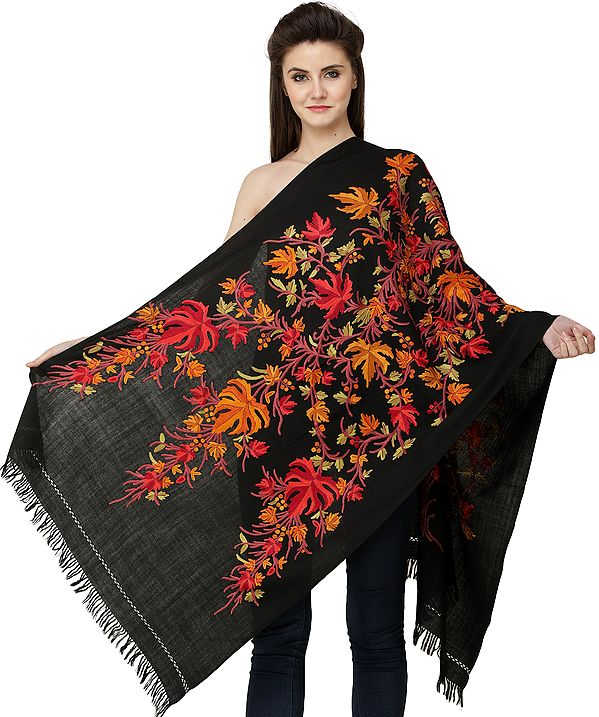 Caviar-Black Shawl from Srinagar with Hand-Embroidered Maple Tree