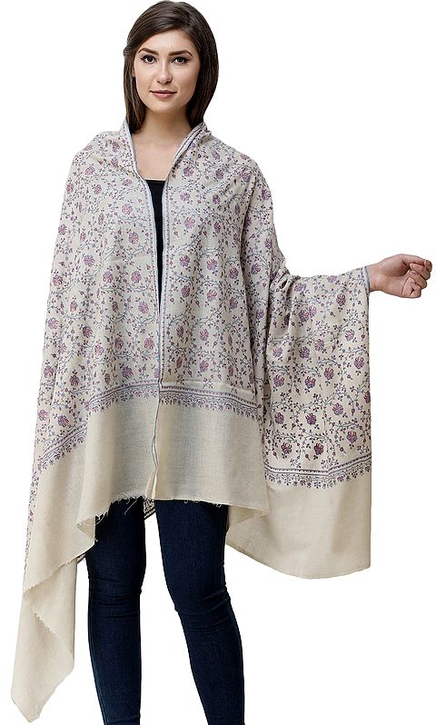 Moon-Beam Pure Pashmina Shawl from Kashmir with Sozni Hand-Embroidered Flowers All-Over