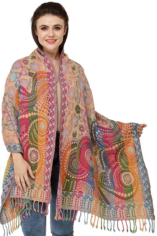 Multicolor Jamawar Stole from Amritsar with Hand-Embroidered Flowers