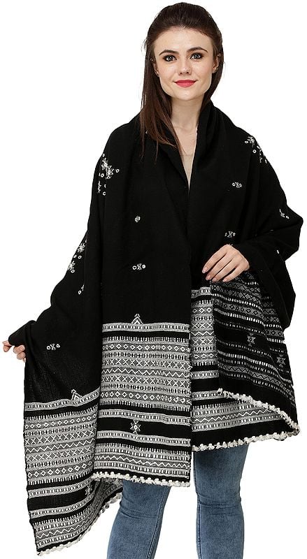 Pirate-Black Shawl from Kutch with Embroidered Bootis and Mirrors