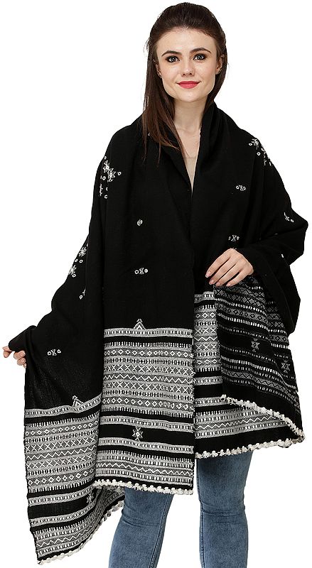 Pirate-Black Shawl from Kutch with Embroidered Bootis and Mirrors