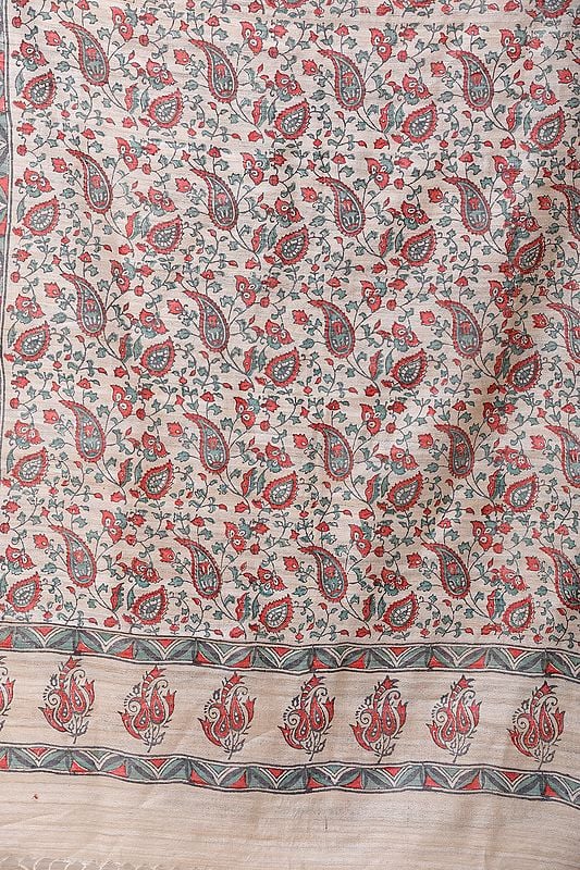 Pearled-Ivory Kosa Dupatta from Jharkhand with Block Print | Exotic ...