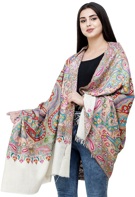 Cream Pure Pashmina Shawl from Kashmir with Sozni Hand-Embroidered ...