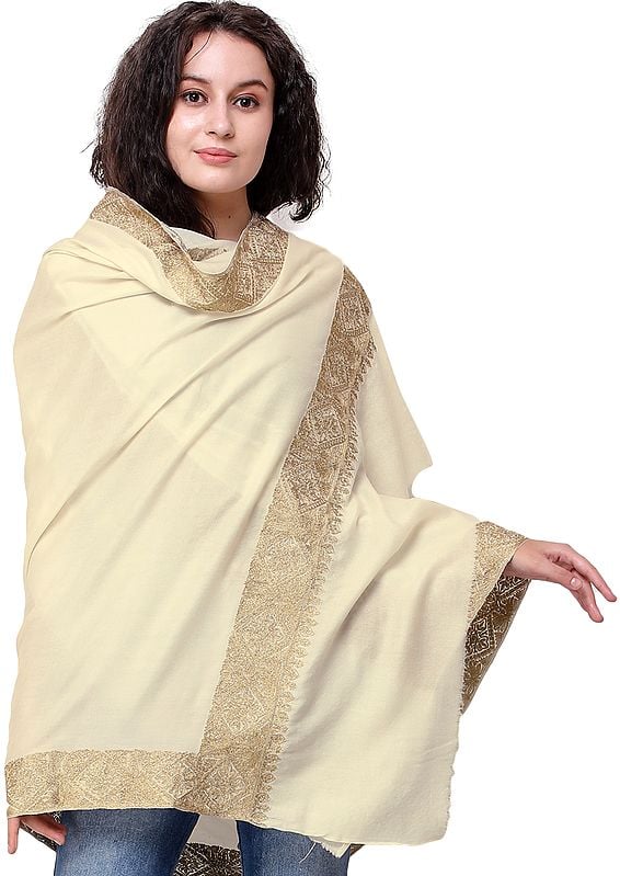 Cream Shawl from Kashmir with Zari-Embroidery on Border