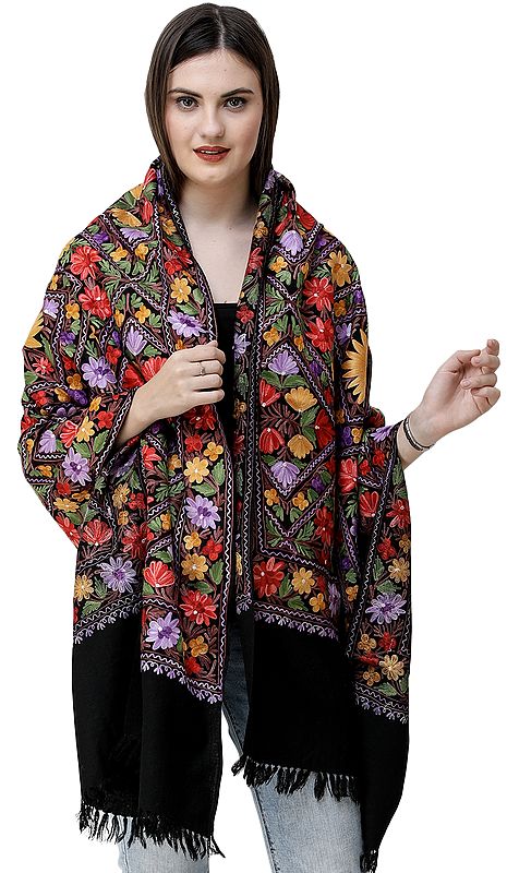 Kashmiri Stole with Aari-Embroidered Multicolored Flowers All-Over