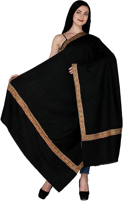 Jet-Black Pure Pashmina Shawl from Kashmir with Kalamkari Hand-Embroidery in Multicolor Thread on Border