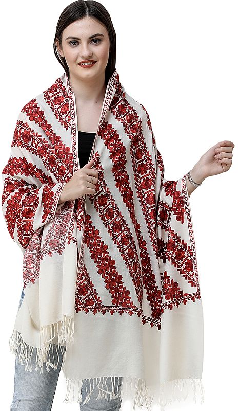 Stole from Amritsar with Diagonal Floral Aari Embroidery