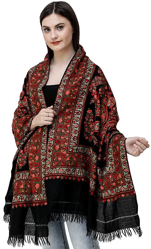 Pirate-Black Kashmiri Stole with Hand-Embroidered Paisleys and Multicolor Flowers All-Over