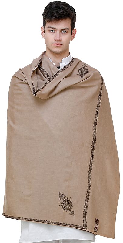 Men's Shawl from Amritsar with Needle Hand-Embroidery on Border