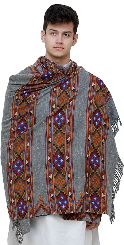 Cloudburst-Gray Men's Shawl from Kullu with Kinnauri Woven Triple Border in Multicolor Thread