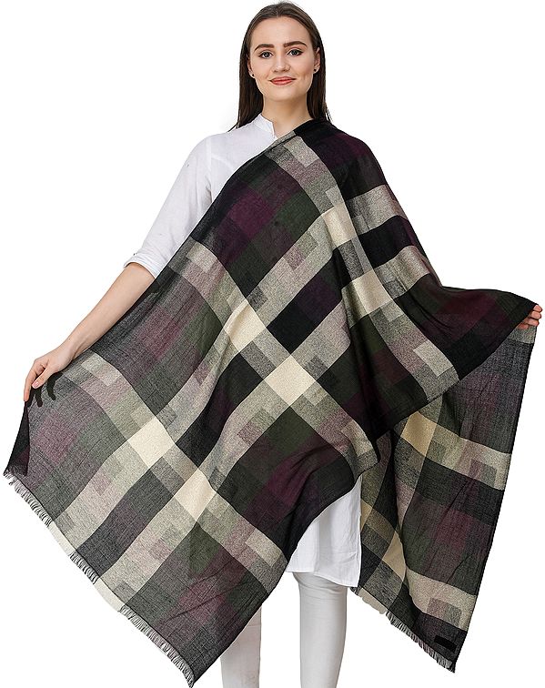Jet-Black Stole from Nepal with Woven Checks in Zari Thread