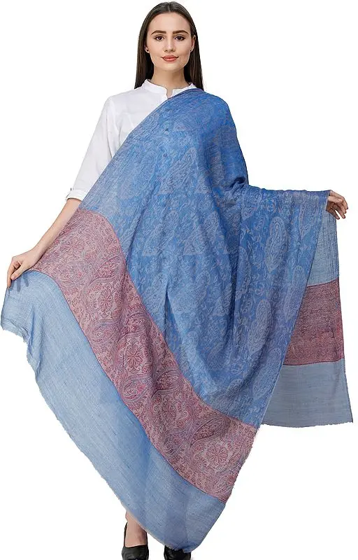 Jamawar Shawl from Amritsar with Floral Border and Paisleys Woven in Self