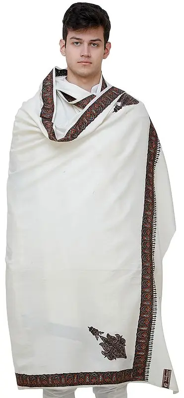 Cream Men's Shawl from Amritsar with Needle Embroidery on Border