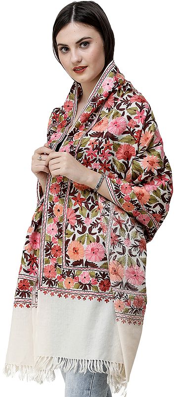 Cream Stole from Kashmir with Aari-Embroidered Multicolor Flowers All-Over