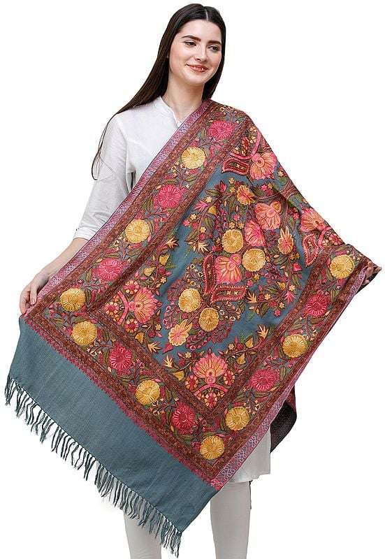 Smoke-Blue Stole from Kashmir with Aari-Embroidered Flowers in Mutlicolor Thread