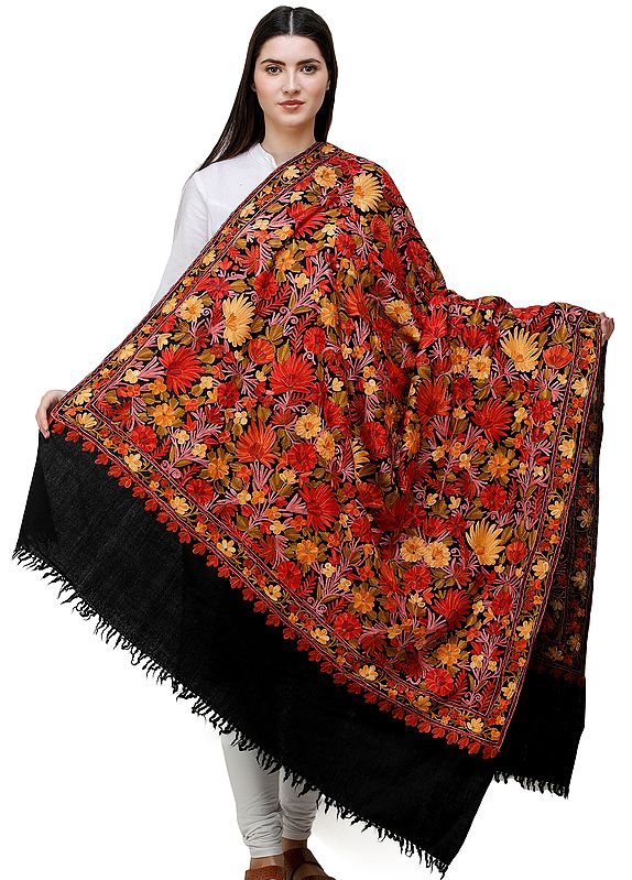 Jet-Black Shawl from Kashmir with Aari-Embroidered Flowers