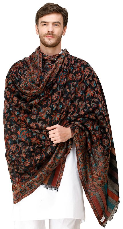 Men's Cashmere Shawl from Amritsar with Kani Woven Multicolor Flowers and Paisleys