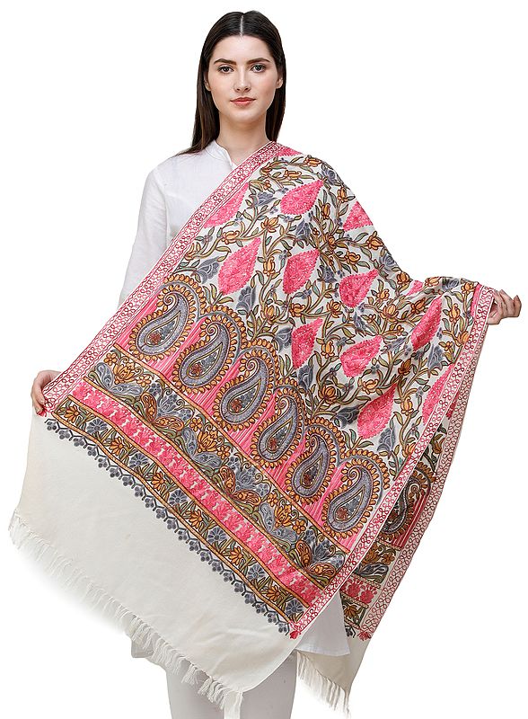 Lily-White Stole from Kashmir with Aari-Embroidered Florwers and Paisleys in Multicolor Thread