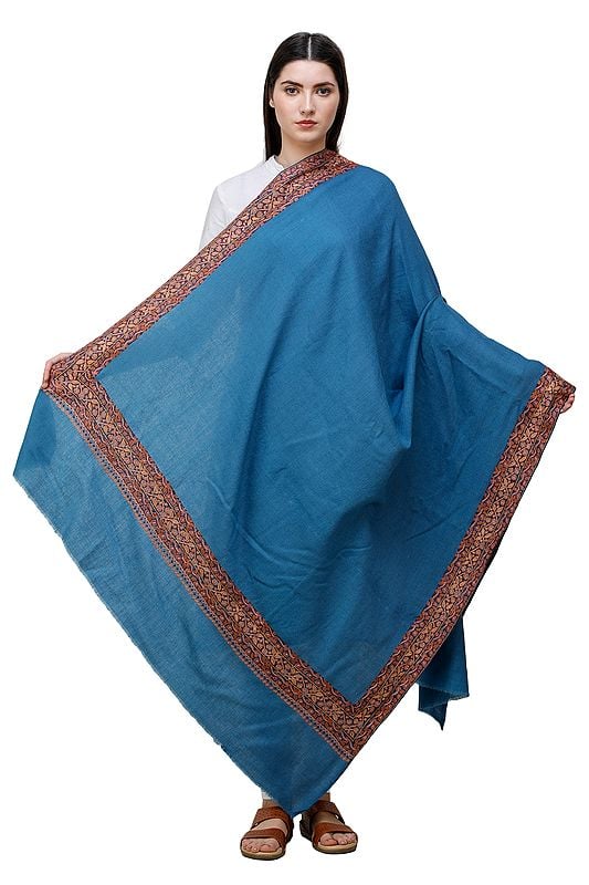 Bluesteel Plain Tusha Shawl from Kashmir with Needle Embroidery by Hand on Border