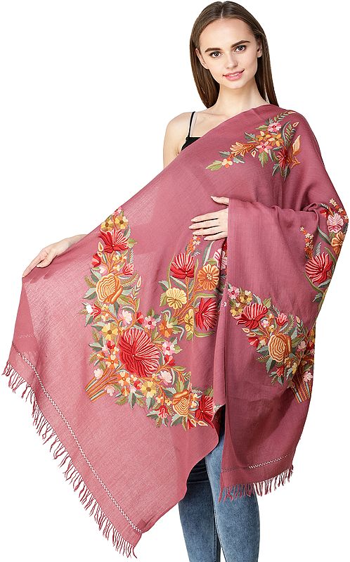 Mauvewood Stole from Kashmir with Hand-Embroidered Flowers