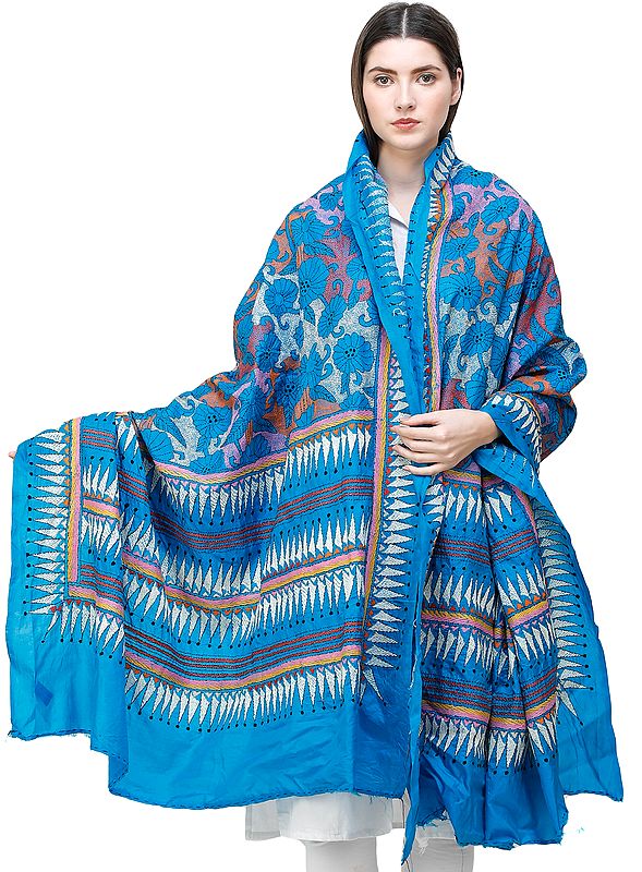 Azure-Blue Dupatta from Bengal with All-over Kantha Stitch Embroidery by Hand