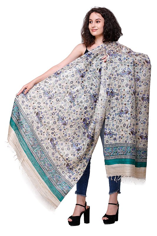 Kosa Silk Handloom Dupatta from Jharkhand with Printed Peacocks All-Over