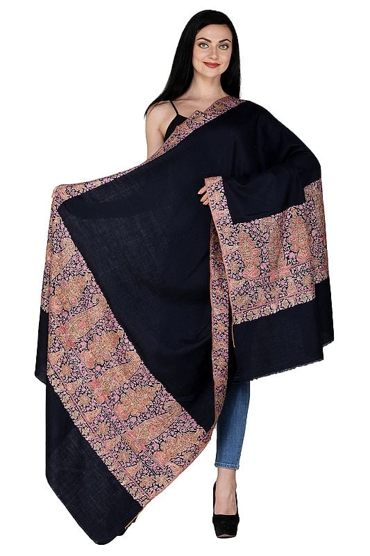 Midnight-Blue Pure Hand-woven Pashmina Shawl from Kashmir with Sozni Embroidery