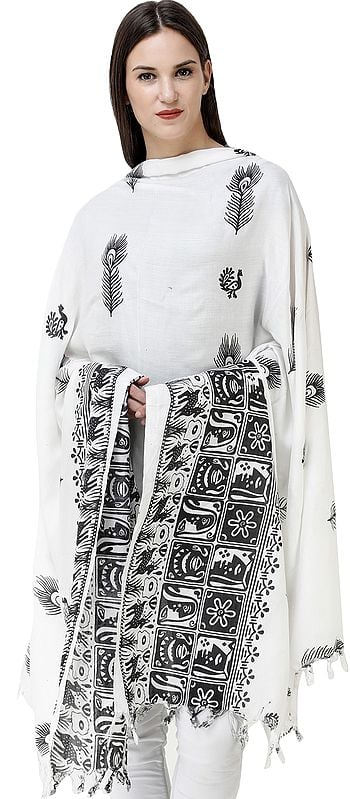 Ivory Shawl from Banaras with Block Printed Peackock Feathers