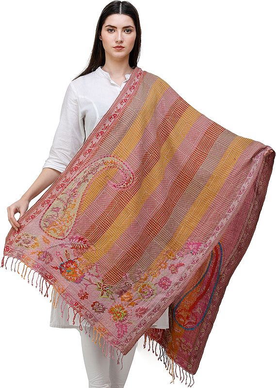 Rainbow Boiled-Wool Stole from Amritsar with Aari Embroidered Paisley