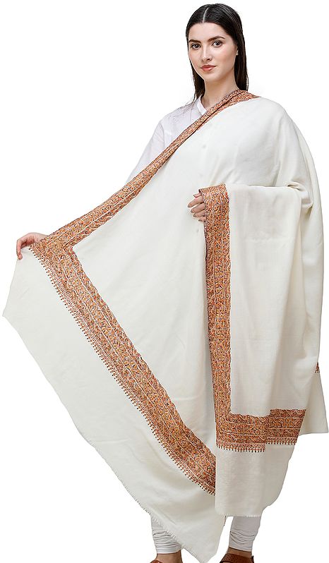Ivory Plain Tusha Shawl from Kashmir with Needle Embroidery by Hand on Border