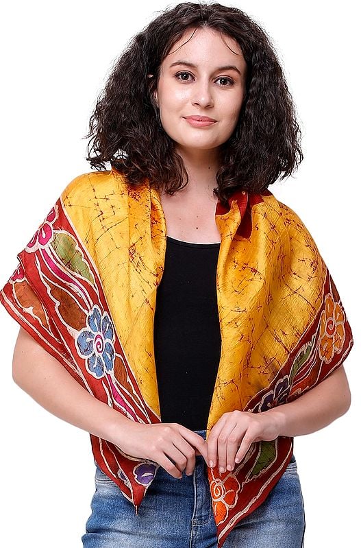 Amber Batik Tie-Dye Silk Scarf from Kolkata with Floral Motifs