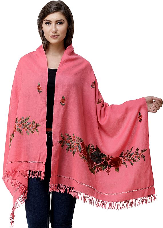 Hot-Pink Stole from Kashmir with Hand-Embroidered Floral Vine